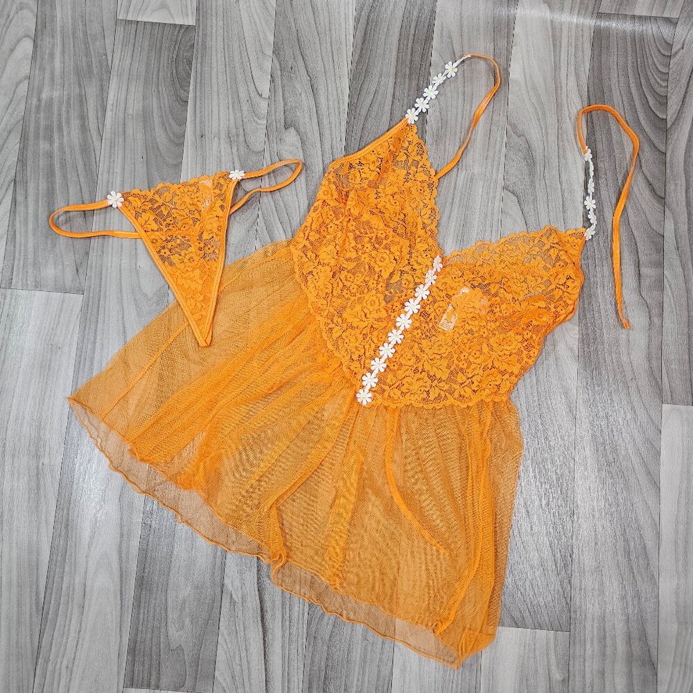 Dreamgirl Orange Floral Lace Mesh Lingerie Set Babydoll Chemise, One Size